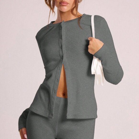 Dark Grey Casual Women's Ribbed Button Through Long Sleeve Crew Neck Top - Picture 1 of 5